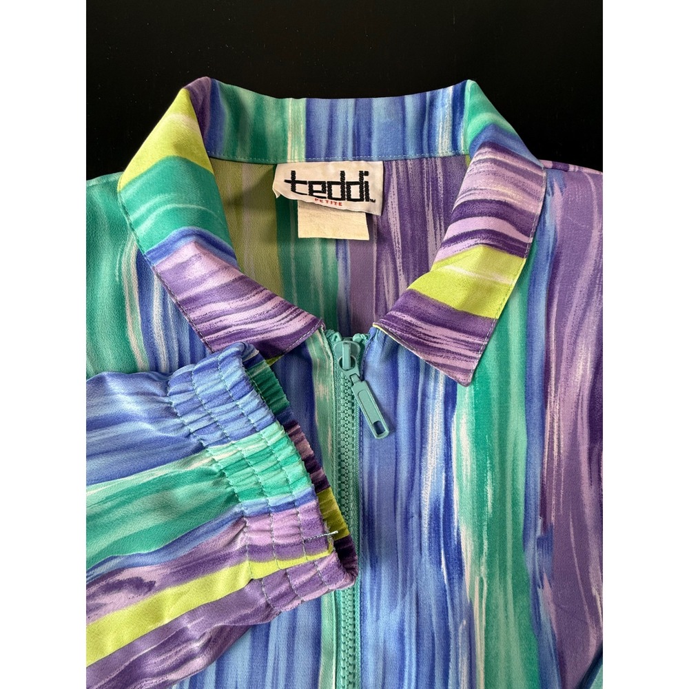 Teddi Petite Vintage Abstract Stripe Zip Up Bomber Jacket Purple Blue Green L